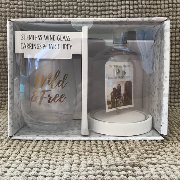 Blue Moon Studio Other - Gift Set Stemless Wine Glass Earrings  Jar Clippy